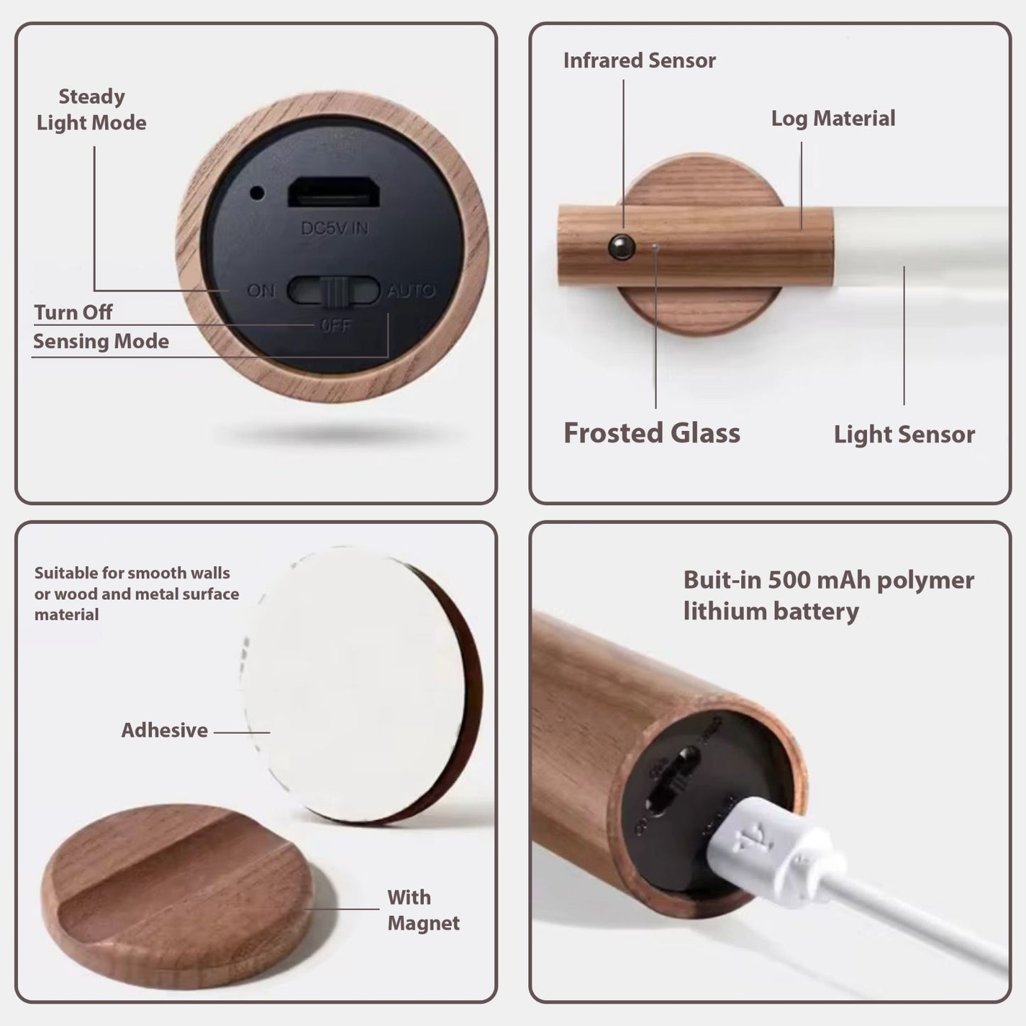 Removable Magnetic Cordless Motion Sensor Night Light with wooden base
