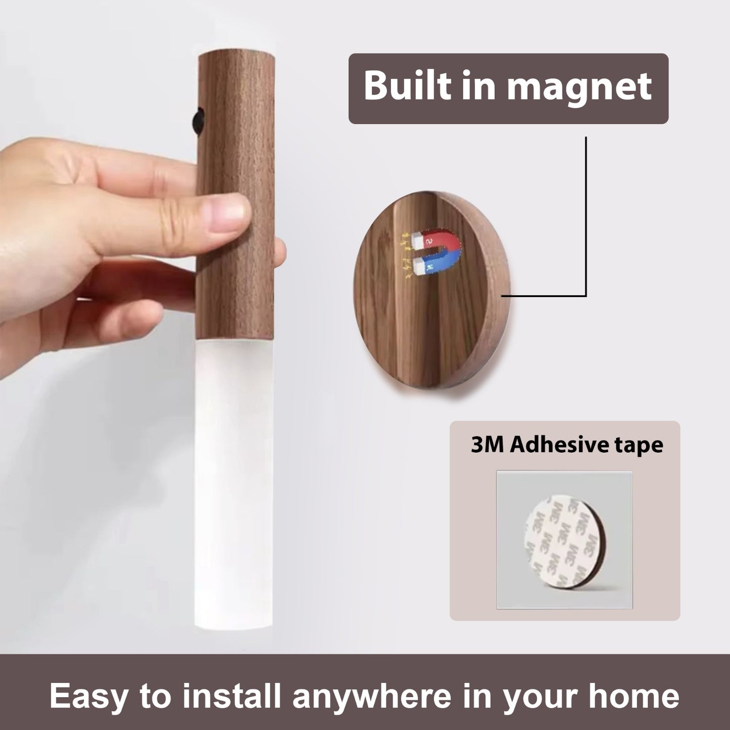 Wooden magnetic strip with a hand holding it, showing adhesive tape and magnets.